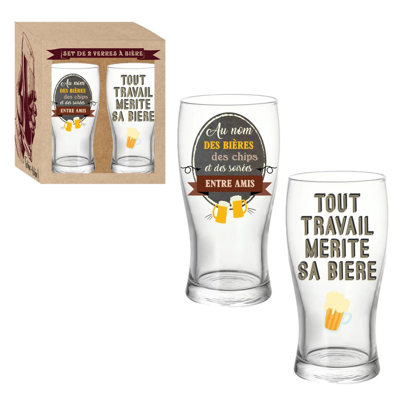 Coffret 2 verres à bière Au nom des bières et Tout travail mérite sa bière - Déco Intemporelle