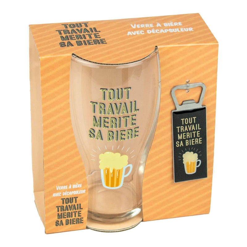 Coffret Verre Bière Décapsuleur Travail mérite sa bière - Déco Intemporelle