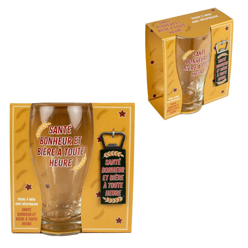 Coffret Verre Bière Décapsuleur Santé, Bonheur, Bière à toute Heure - Déco Intemporelle