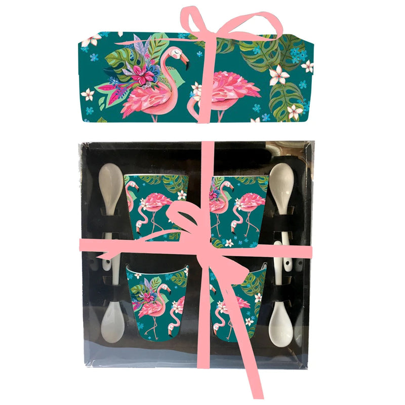 Set de 4 tasses assorties avec cuillères Flamant Rose - Allen Designs