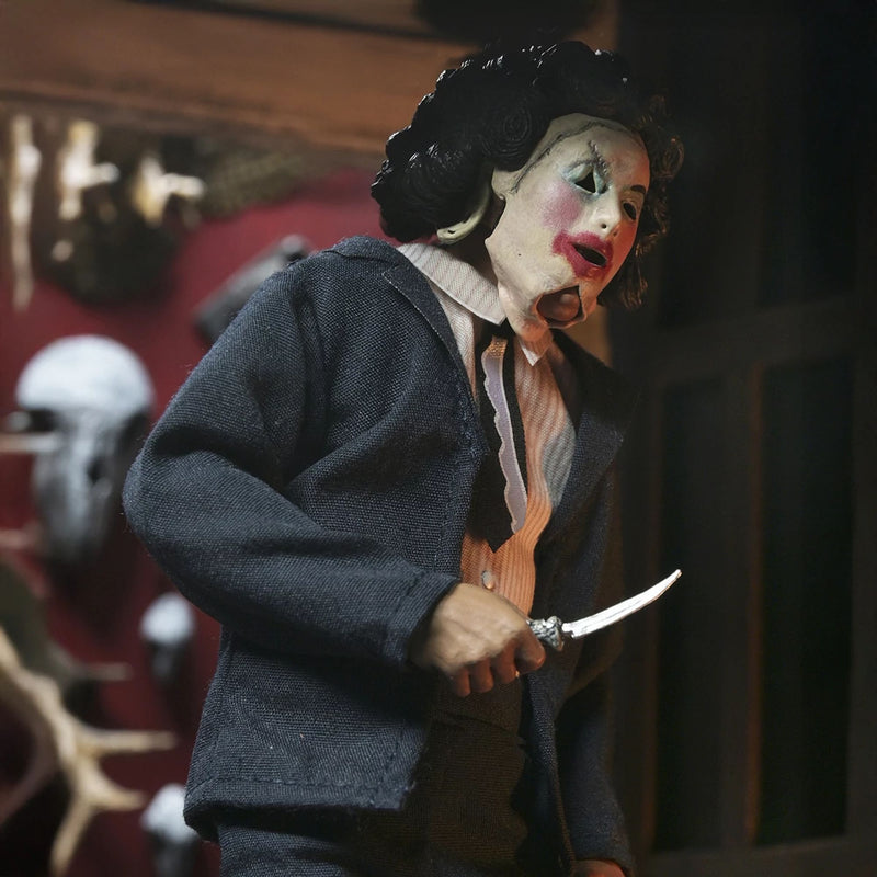 TEXAS CHAINSAW MASSACRE - 8” CLOTHED FIGURE - LEATHERFACE WITH PRETTY WOMAN MASK IN WINDOW BOX
