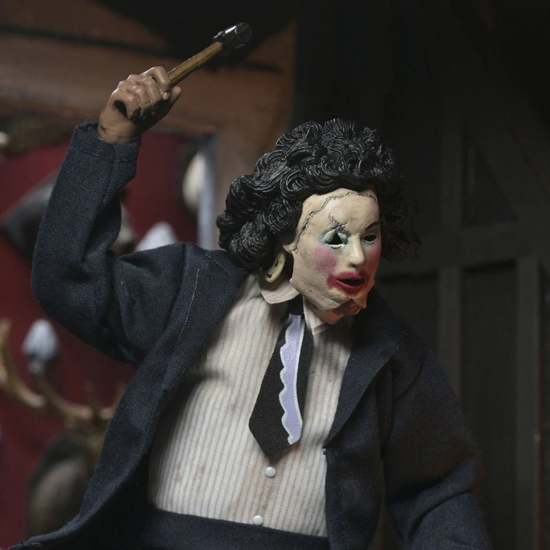 TEXAS CHAINSAW MASSACRE - 8” CLOTHED FIGURE - LEATHERFACE WITH PRETTY WOMAN MASK IN WINDOW BOX