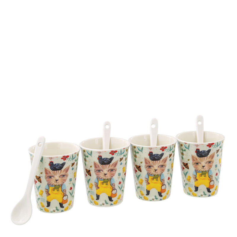 Set de 4 tasses assorties avec cuillères Chat - Allen Designs